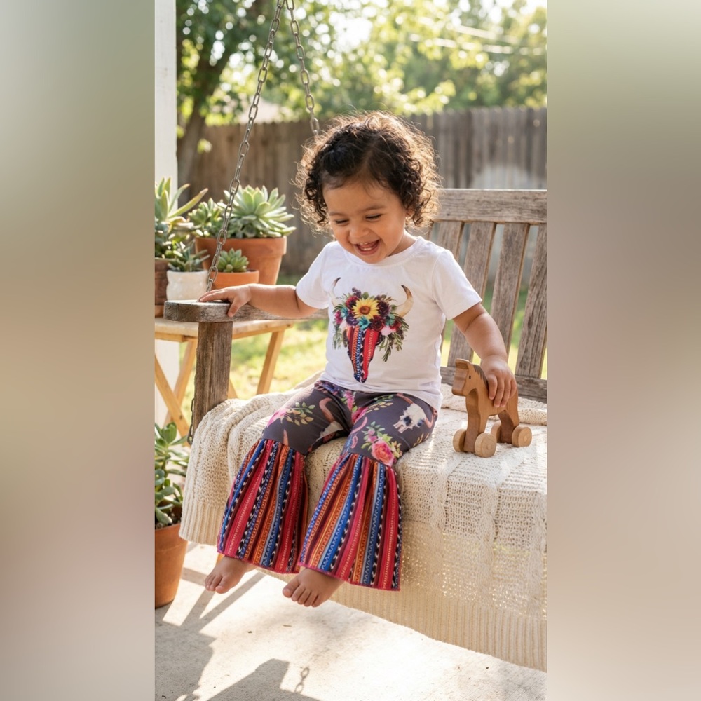 Girls Western Bell Bottom Outfit 12-18M Floral Bull Skull Matching Set